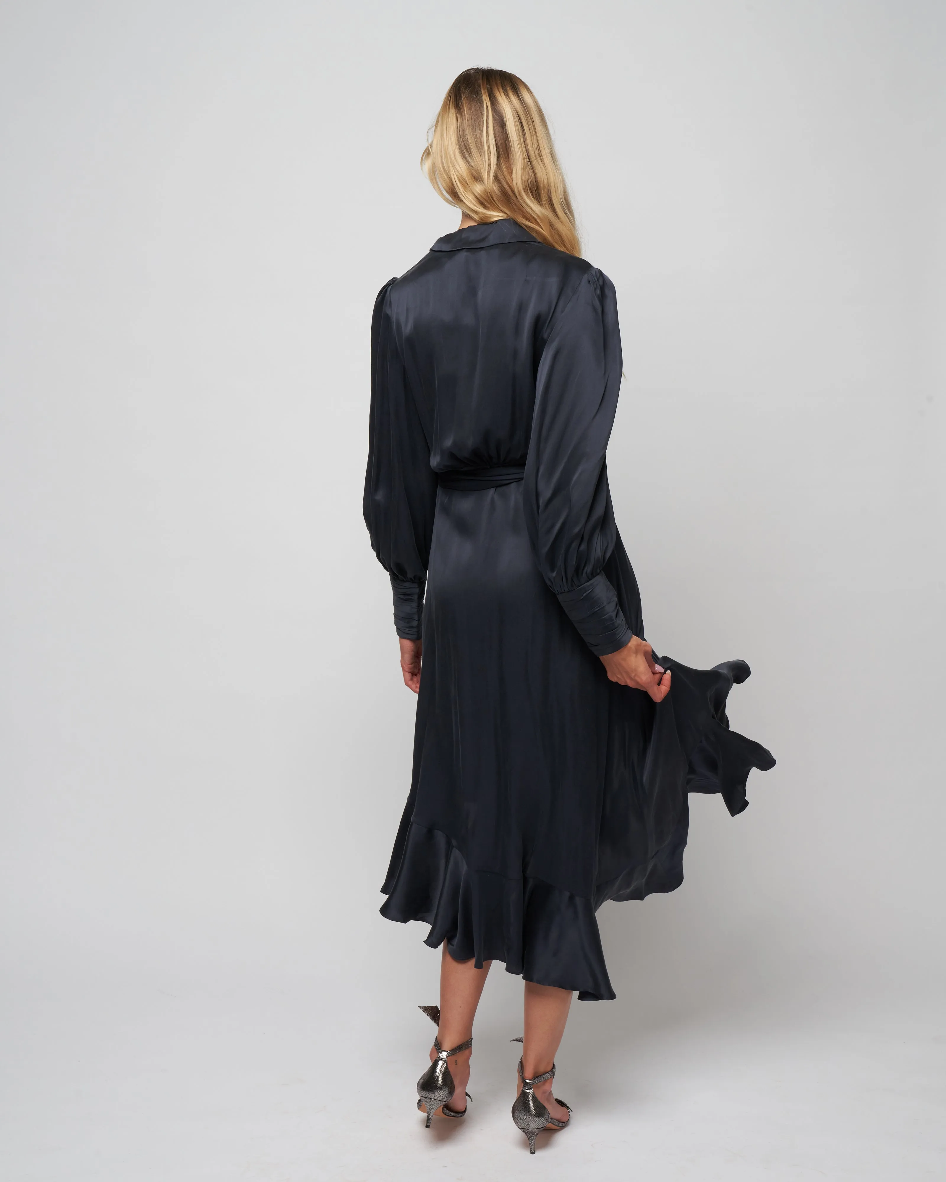 silk wrap midi dress - navy