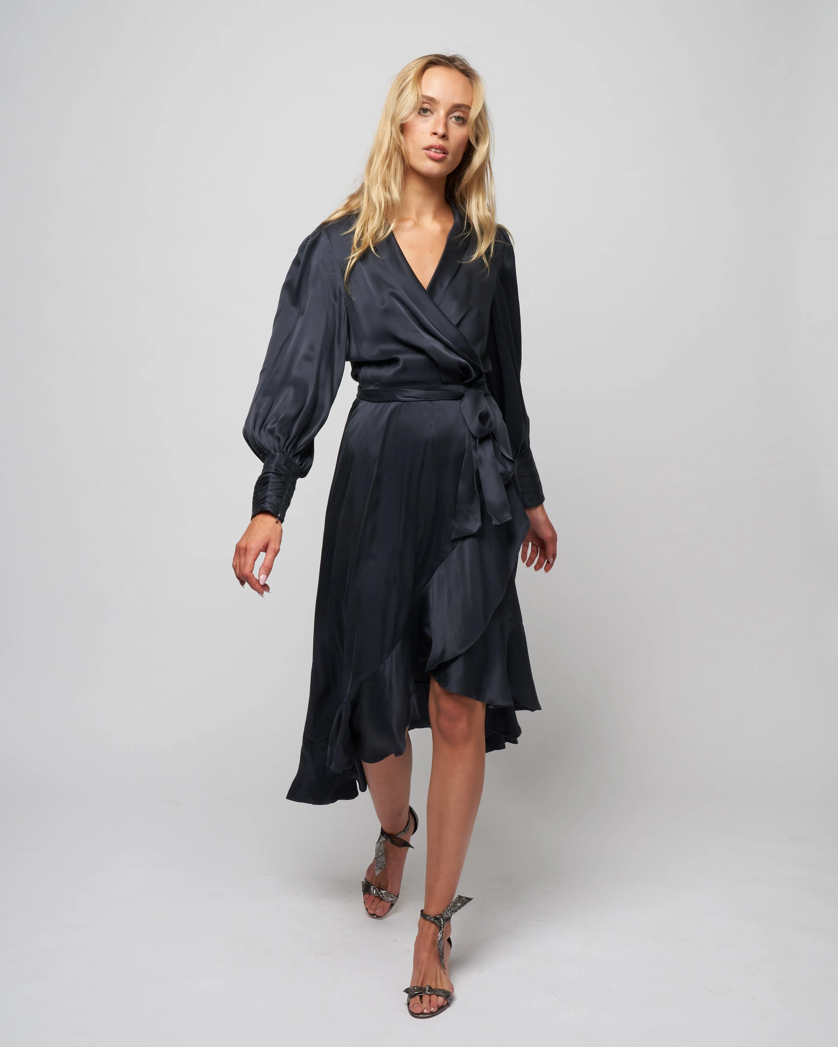 silk wrap midi dress - navy