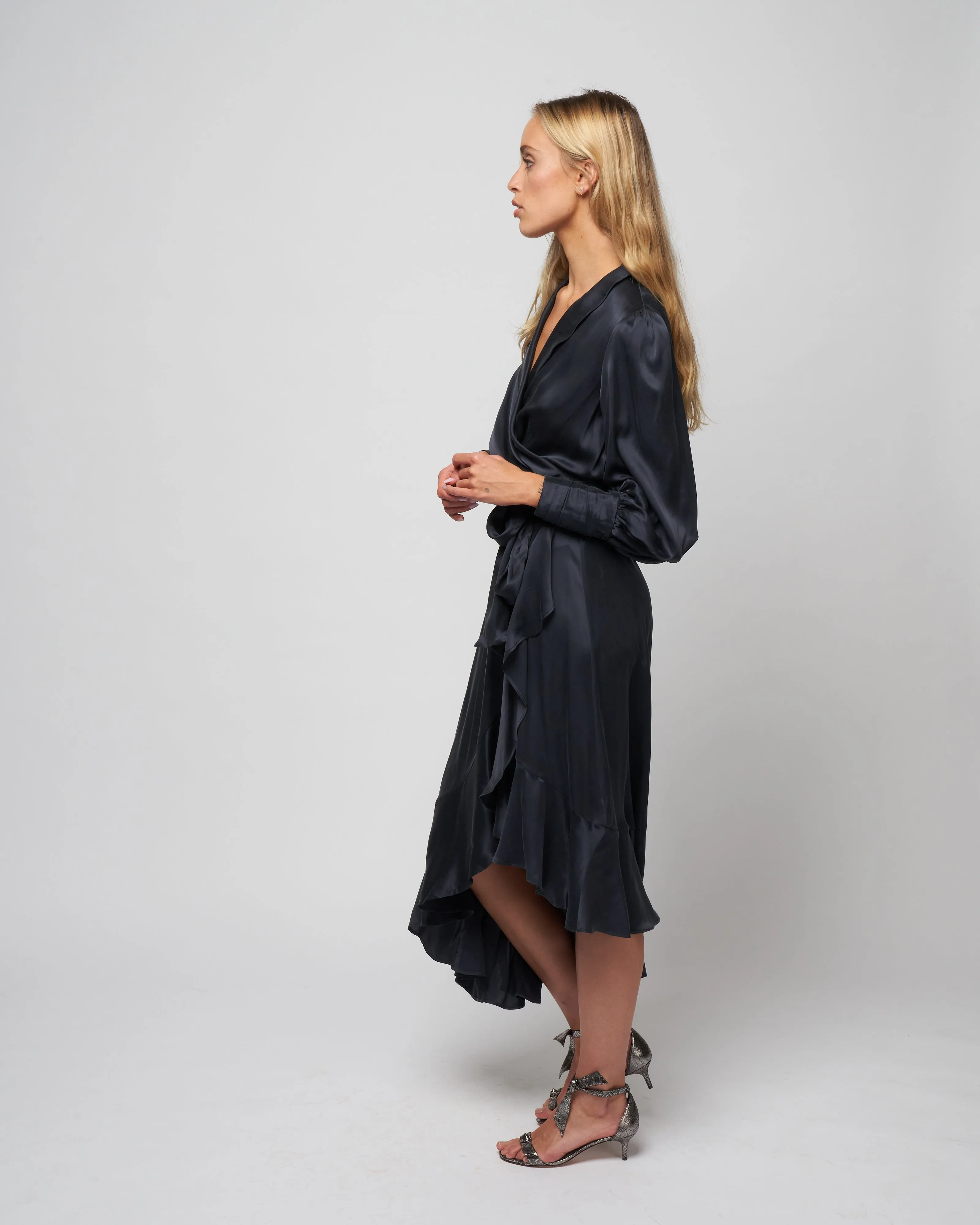 silk wrap midi dress - navy