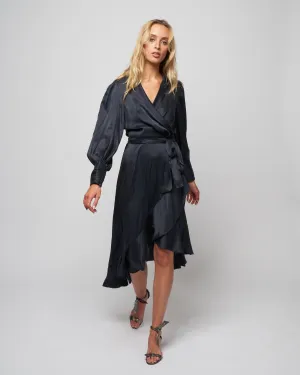 silk wrap midi dress - navy