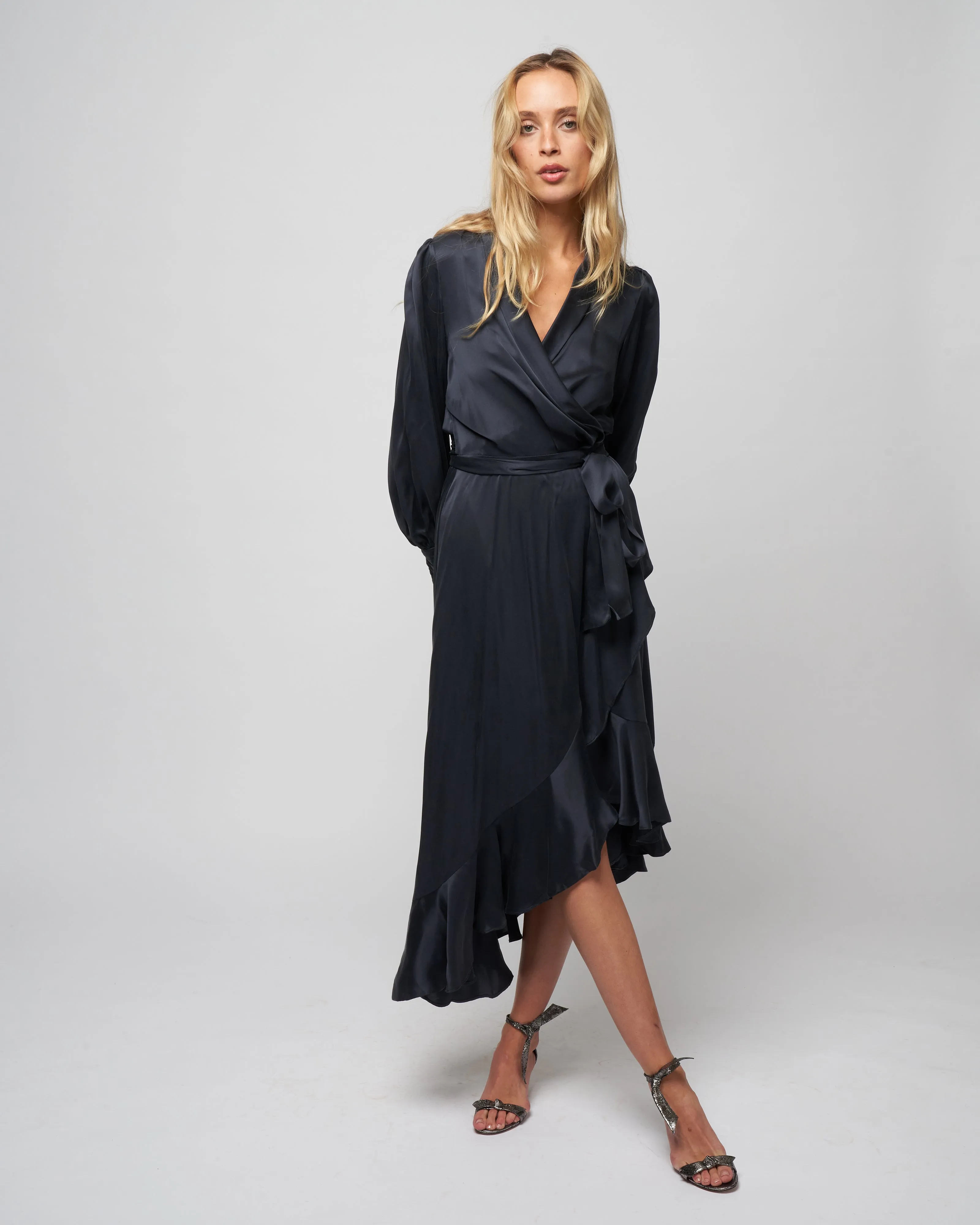 silk wrap midi dress - navy