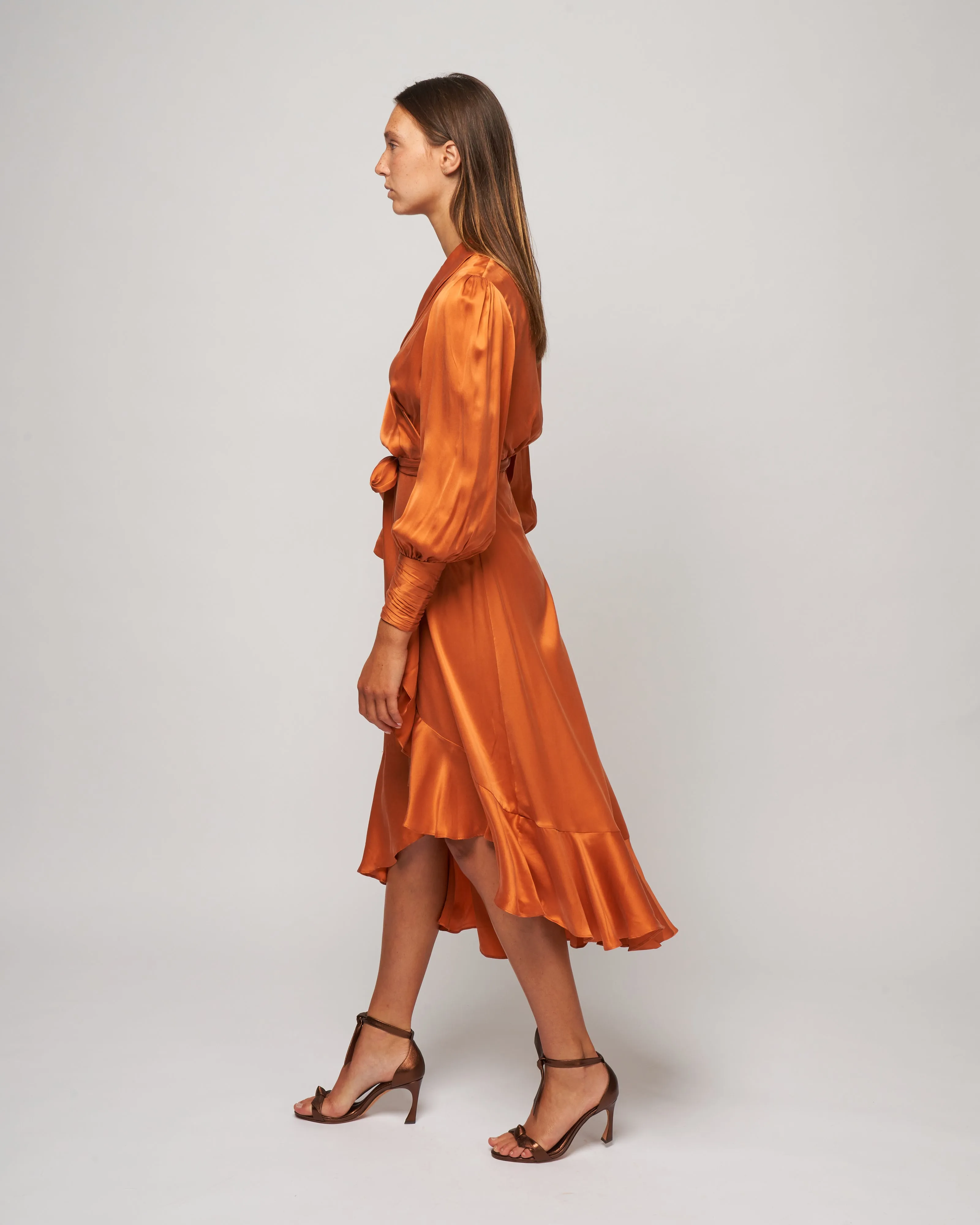 silk wrap midi dress - tangerine