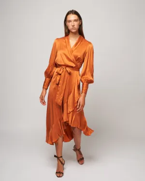 silk wrap midi dress - tangerine