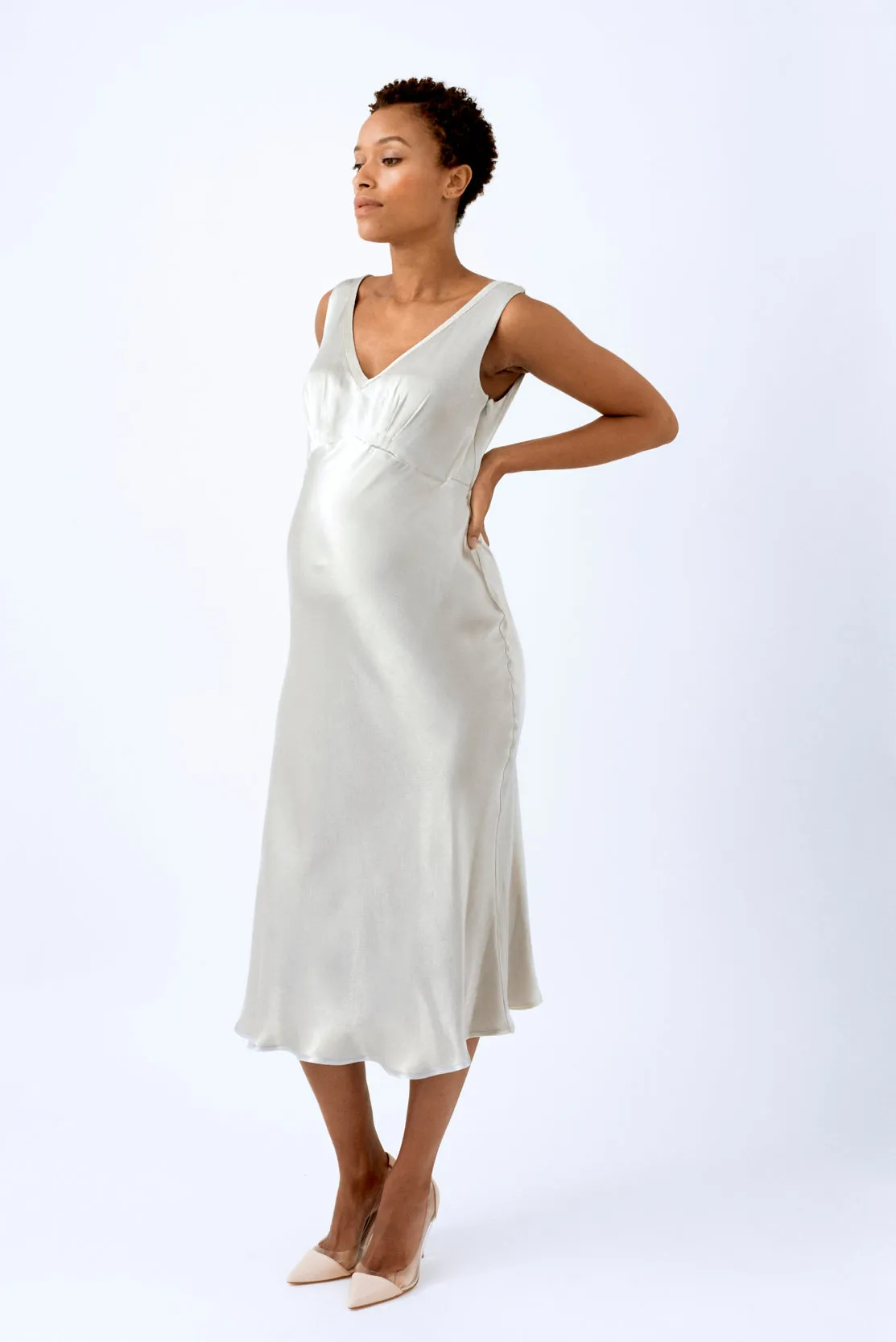 Silver bias-cut maternity dress