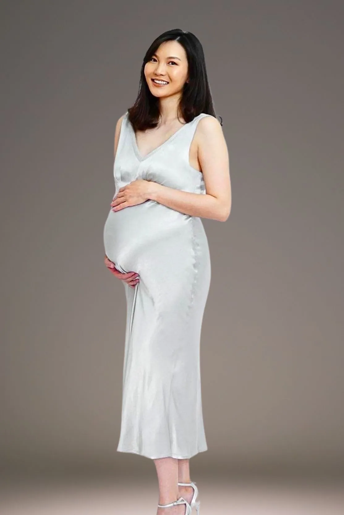 Silver bias-cut maternity dress