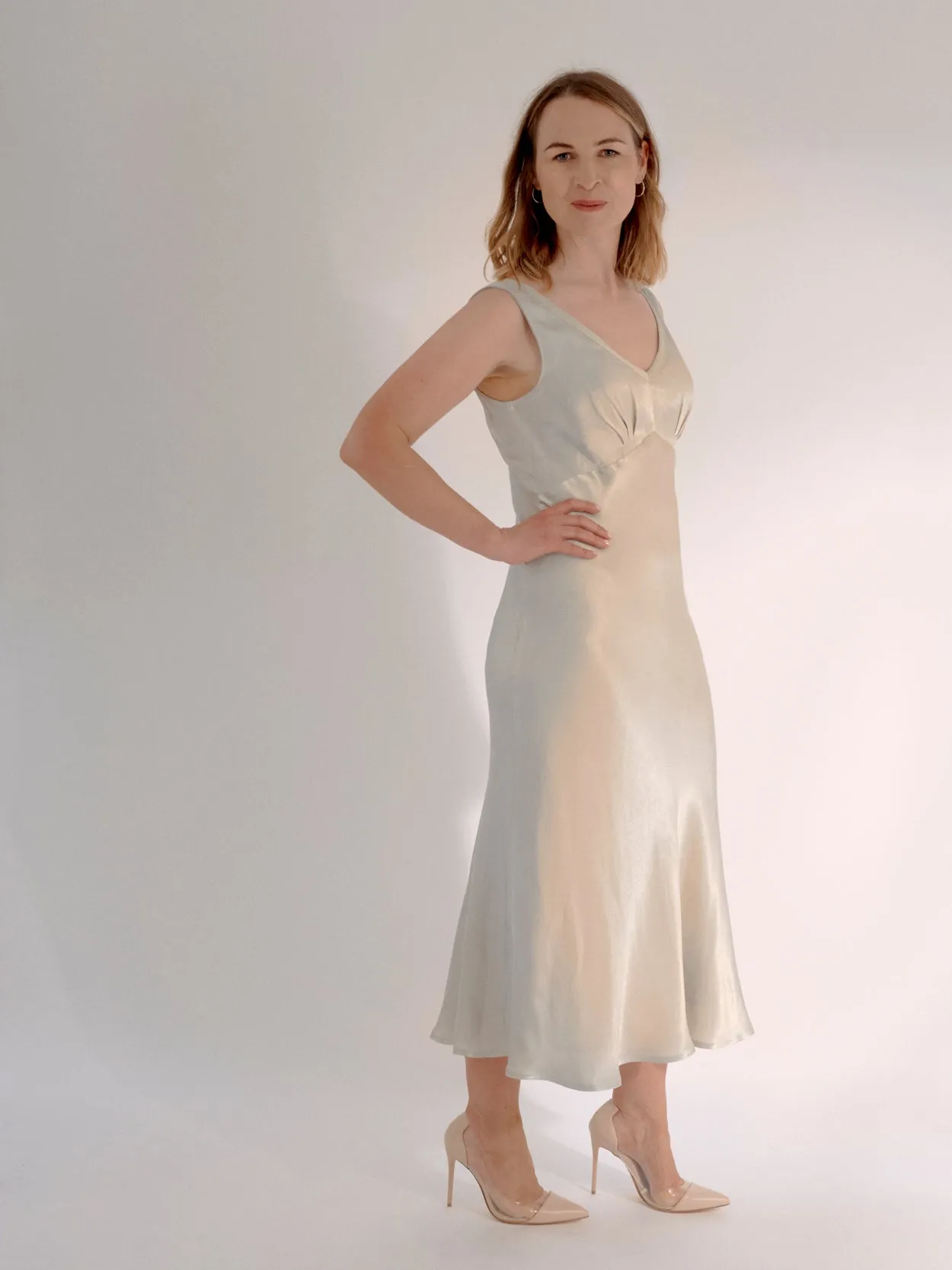 Silver bias-cut maternity dress