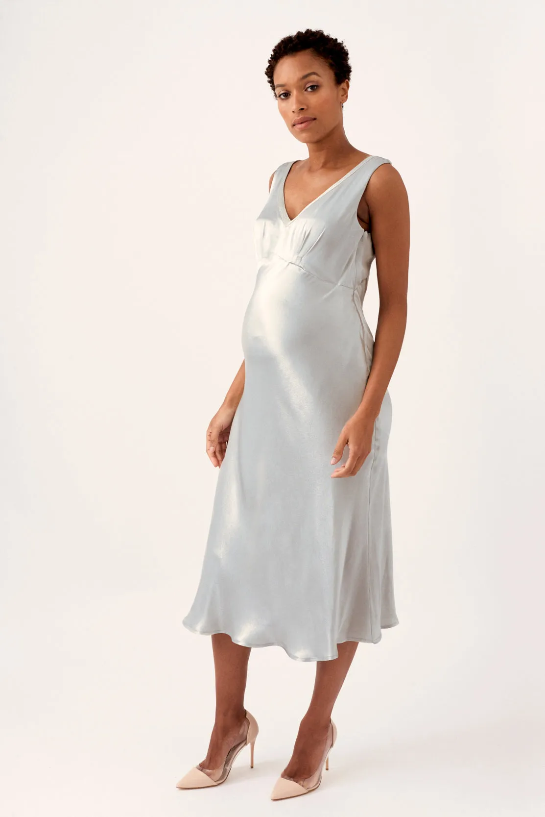 Silver bias-cut maternity dress