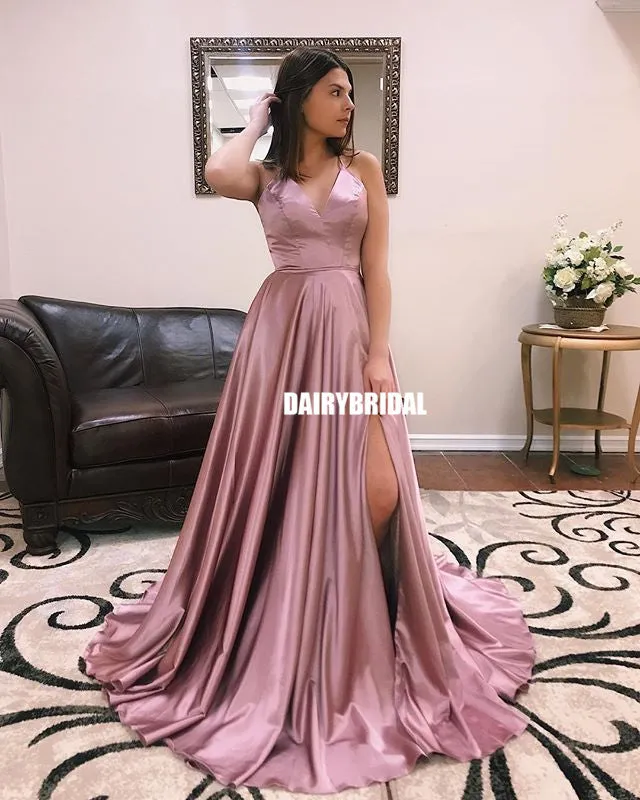 Simple A-line Slit Silk Elastic Satin Backless V-neck Prom Dress, FC2394