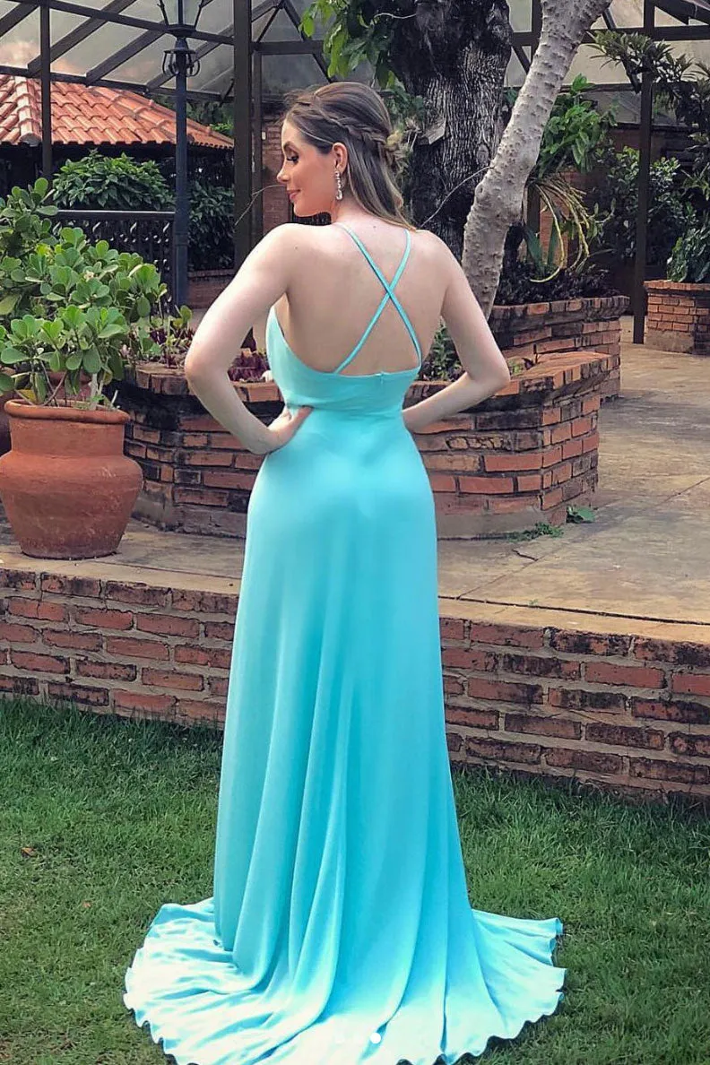 Simple blue chiffon long prom dress, blue chiffon evening dress