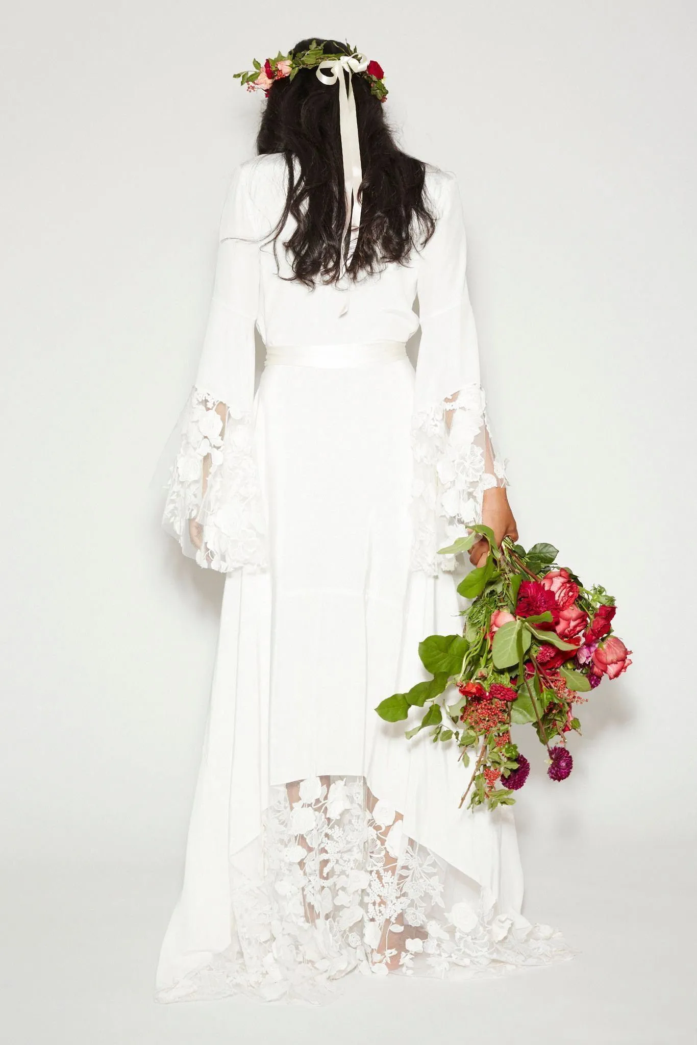 Simple Bohemian Long Sleeves Deep V Neck Hippie Beach Wedding Gown-Z715303