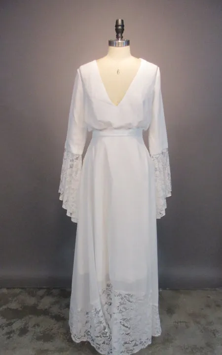 Simple Bohemian Long Sleeves Deep V Neck Hippie Beach Wedding Gown-Z715303