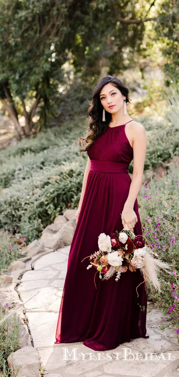 Simple Charming Burgundy Halter Sleeveless Chiffon Long Cheap Bridesmaid Dresses, TYP0075