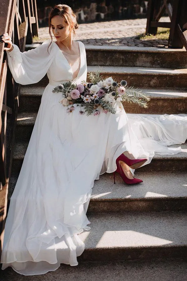 Simple Chiffon A-line Puffy Sleeves Beach Wedding Dress, Bridal Gown, MW644