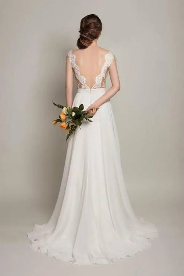 Simple Chiffon Lace Scoop Open Back Sweep Train Wedding Dresses, MW586