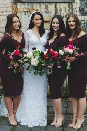 Simple Chiffon Sheath V-neck Long Sleeves Short Bridesmaid Dresses, MBD264