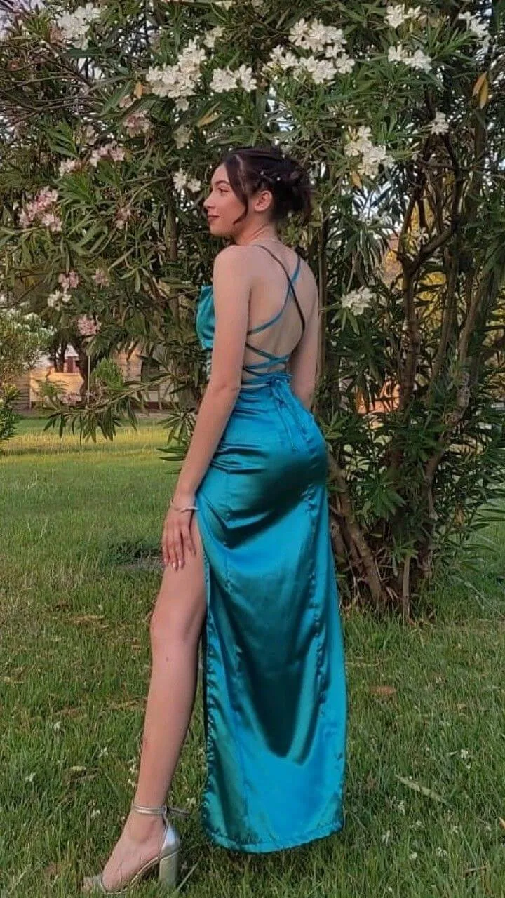 Simple Emerald Prom Dresses Green Classic Long Wedding Guest Dress Hight Split
