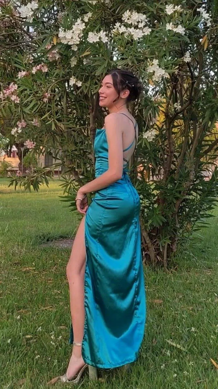 Simple Emerald Prom Dresses Green Classic Long Wedding Guest Dress Hight Split