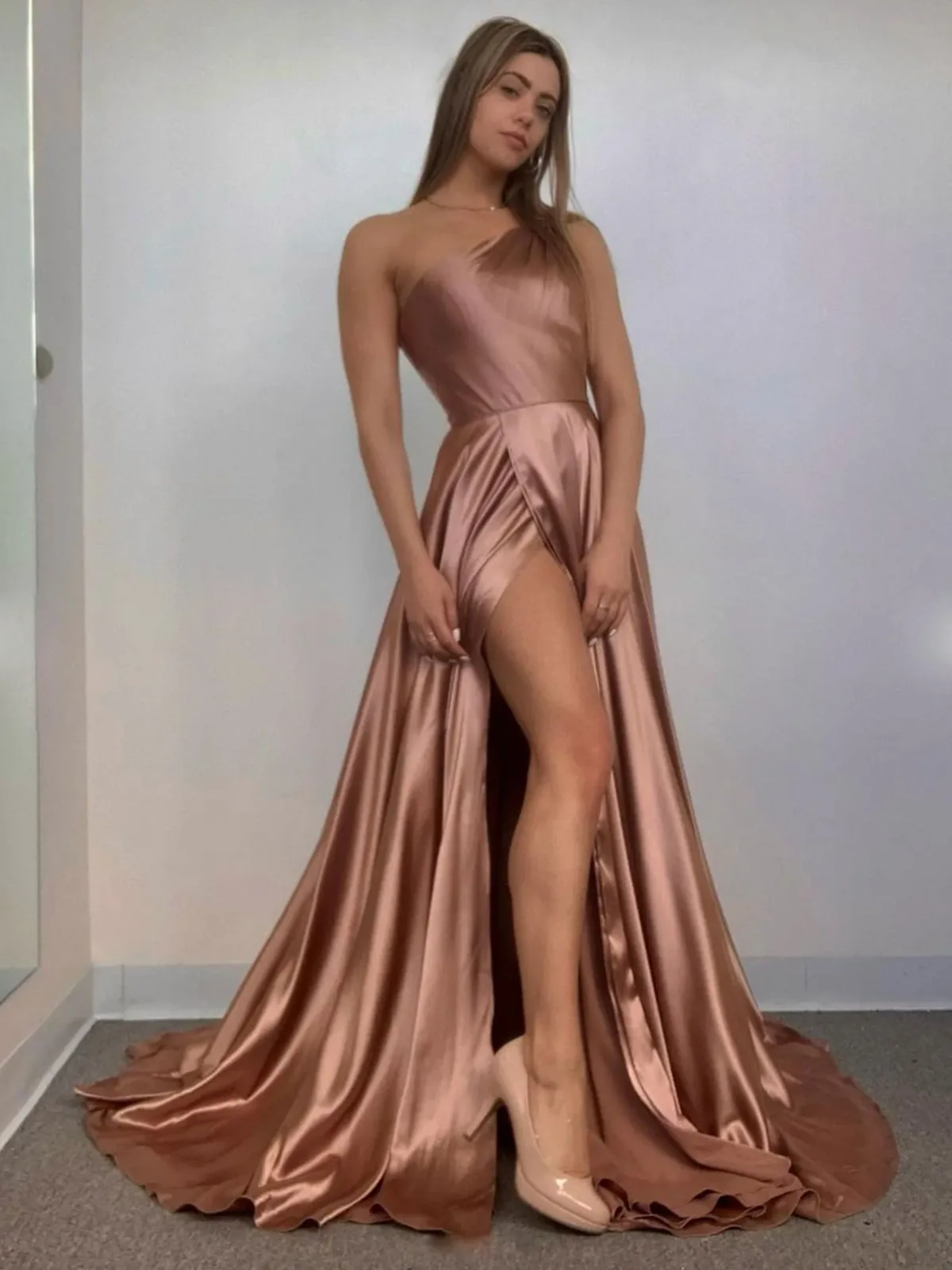 Simple One Shoulder Satin Long Prom Dresses, Simple One Shoulder Satin Long Fomal Evening Dresses
