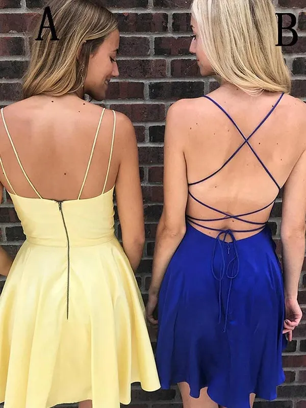 Simple Satin Spaghetti Straps Homecoming Dresses, Graduation Dresses, MH614