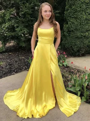 Simple Scoop Neck Yellow Satin Long Prom with Slit, Yellow Formal Graduation Evening