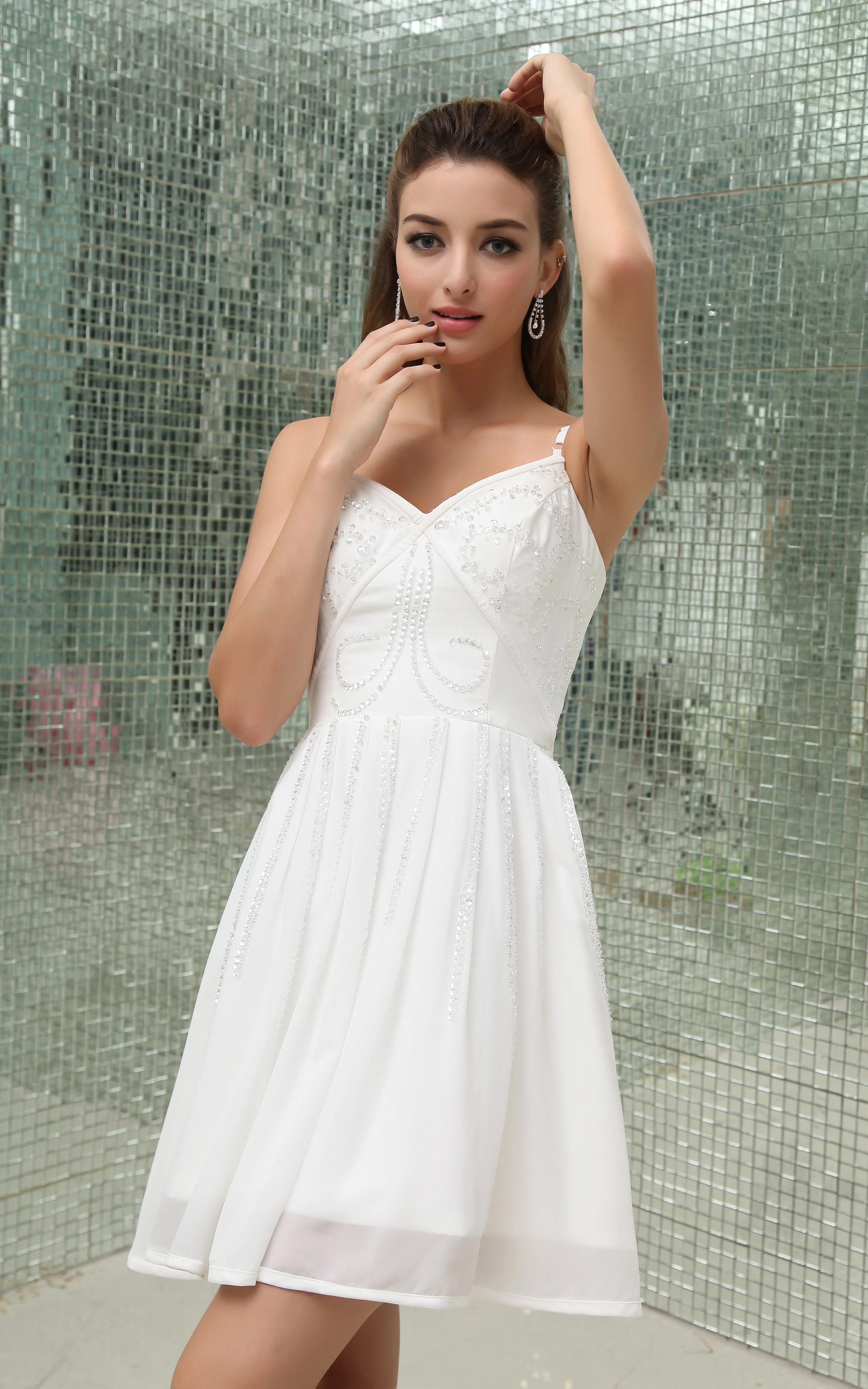 Simple Sleeveless Chiffon Mini Dress With Spaghetti Straps-GC_707610