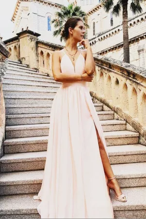 Simple v neck chiffon long prom dress chiffon evening dress