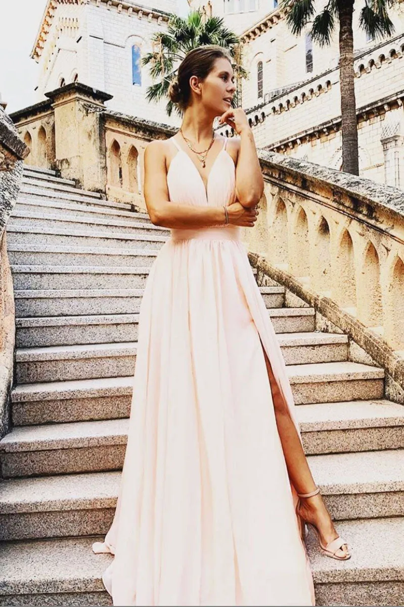 Simple v neck chiffon long prom dress chiffon evening dress