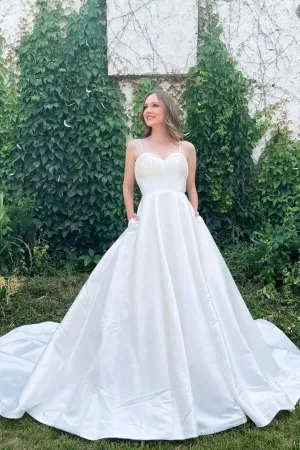 Simple White A-line Satin Spaghetti Straps Sweetheart Neck Wedding Dresses, MW757