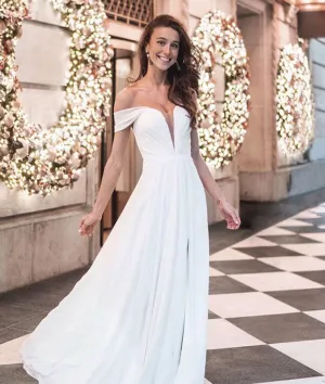 Simple white chiffon off shoulder long prom dress, white evening dress