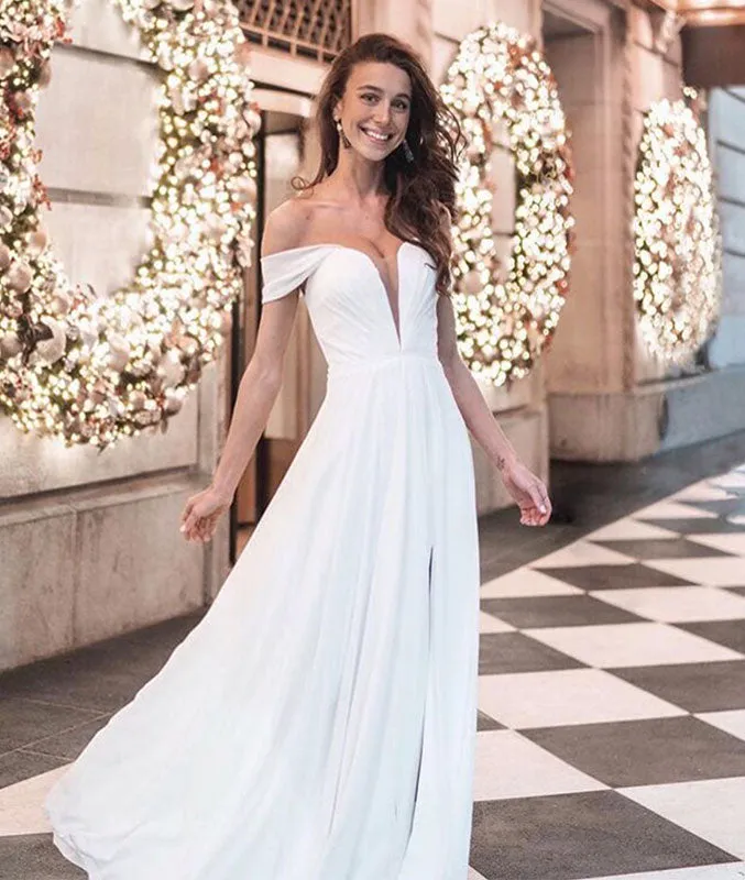 Simple white chiffon off shoulder long prom dress, white evening dress