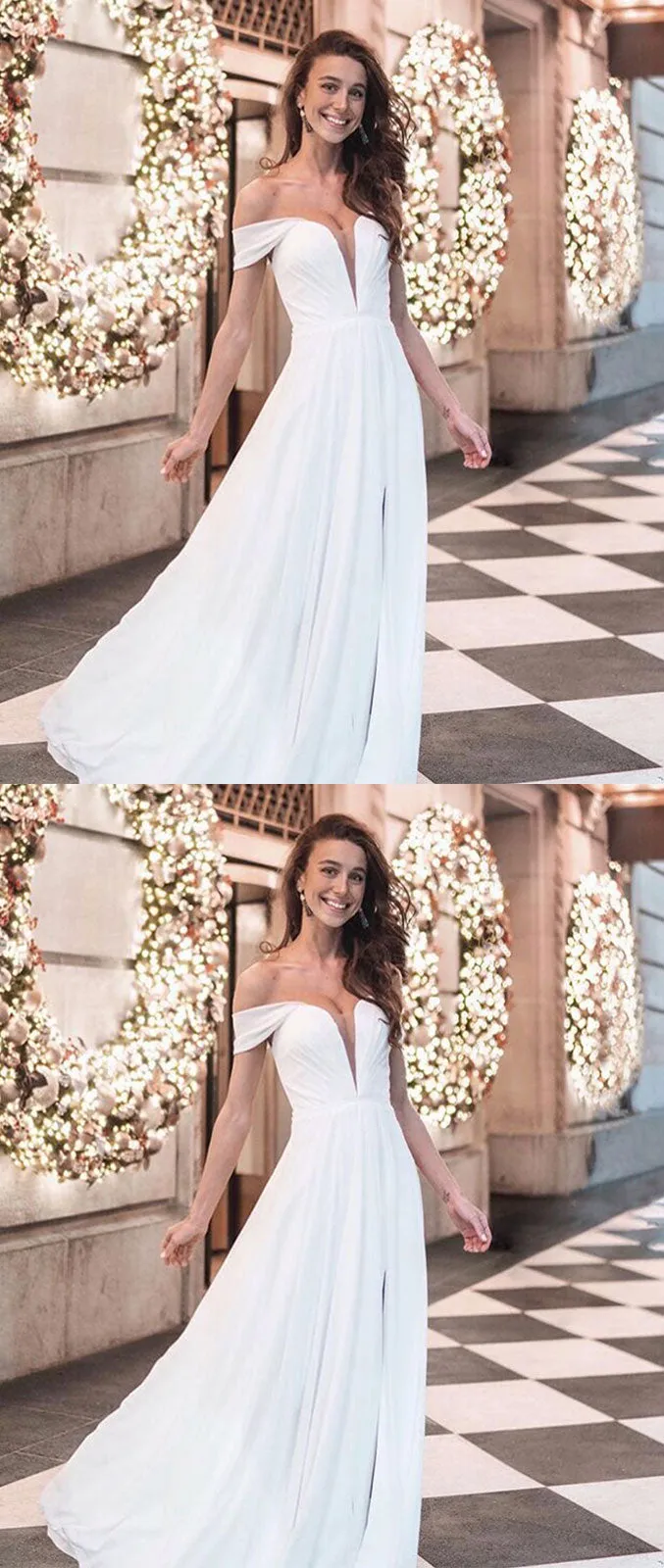 Simple white chiffon off shoulder long prom dress, white evening dress