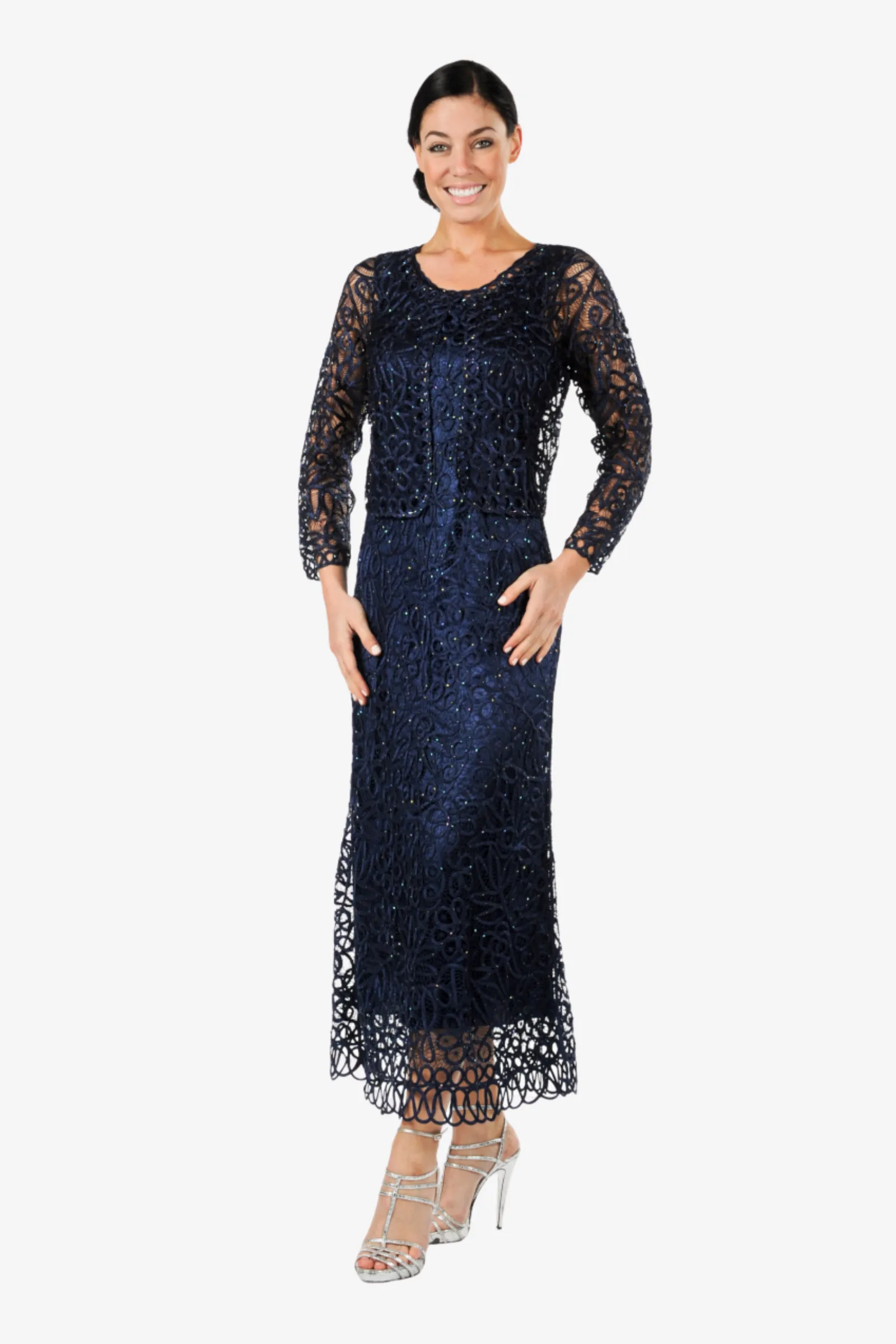 Soulmates C12016 Beaded Silk Lace 2-Piece Maxi Dress - Navy