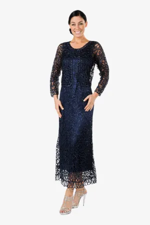 Soulmates C12016 Beaded Silk Lace 2-Piece Maxi Dress - Navy