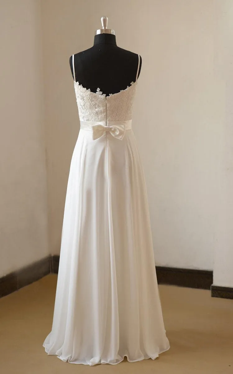 Spaghetti Strapped V-Neck Chiffon Lace Weddig Dress-711423