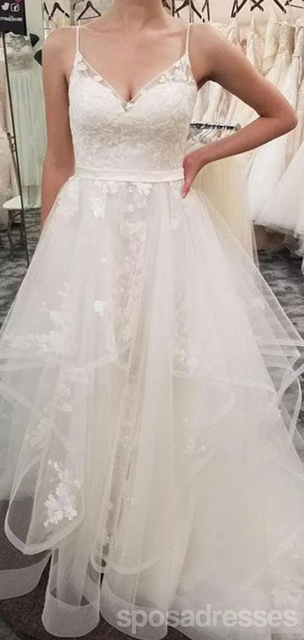 Spaghetti Straps Lace A line Cheap Wedding Dresses Online, Cheap Lace Bridal Dresses, WD459