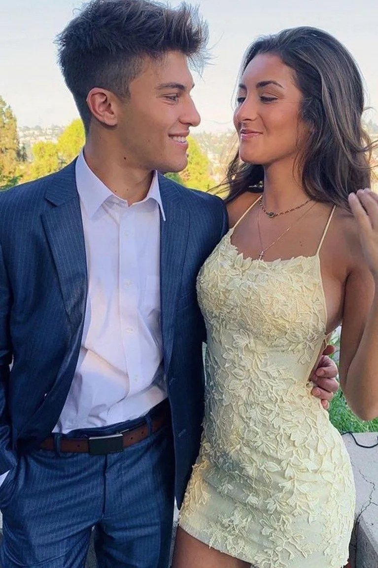 Spaghetti Straps Lace Appliques Homecoming Dresses