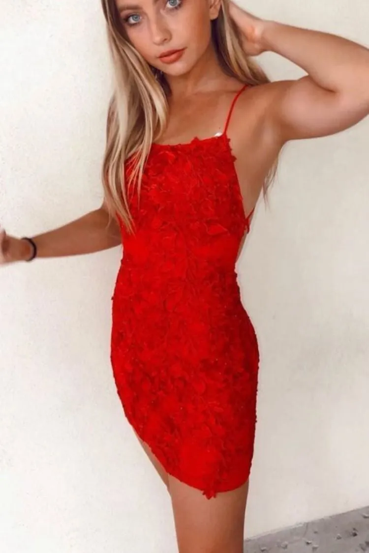 Spaghetti Straps Lace Appliques Homecoming Dresses