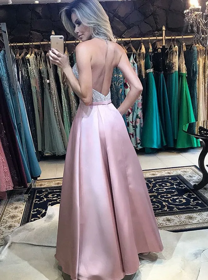 Sparkle Halter Pink Backless Prom Dresses with Pockets, TYP1502