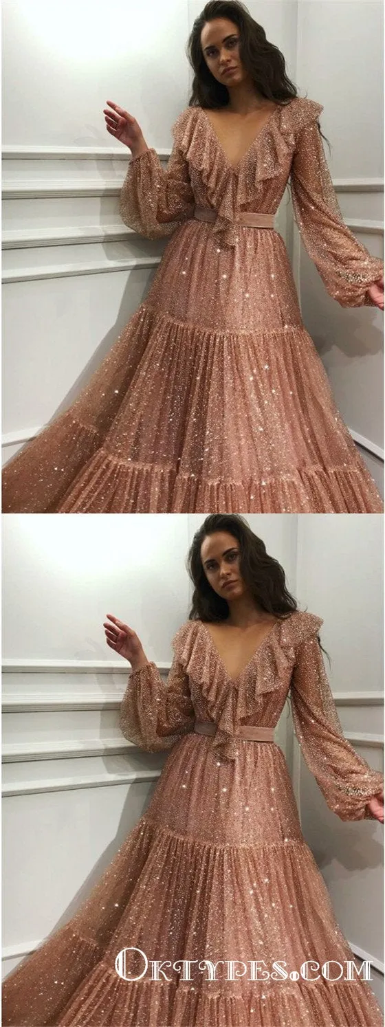 Sparkle V-neck Long Sleeves V-neck Evening Prom Dresses with Ruffles, TYP1670