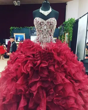 Sparkly Burgundy Quinceanera Dresses Crystals Sweetheart Beaded Organza Ruffles Ball Gown Sweet 16 Dresses