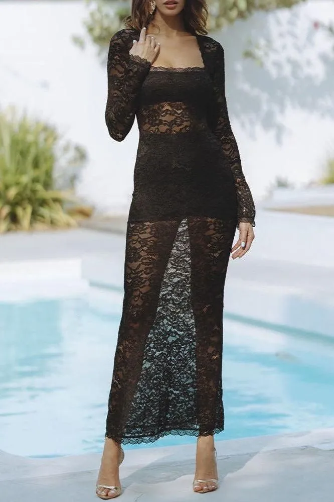 Square Neck Long Sleeve Lace Dress