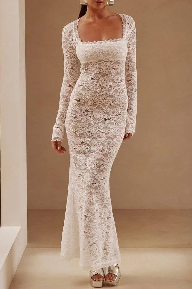 Square Neck Long Sleeve Lace Dress