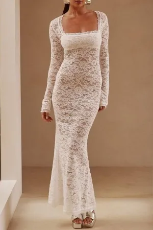 Square Neck Long Sleeve Lace Dress