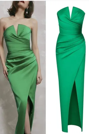 Straight Green Satin Prom Dresses with Side Split