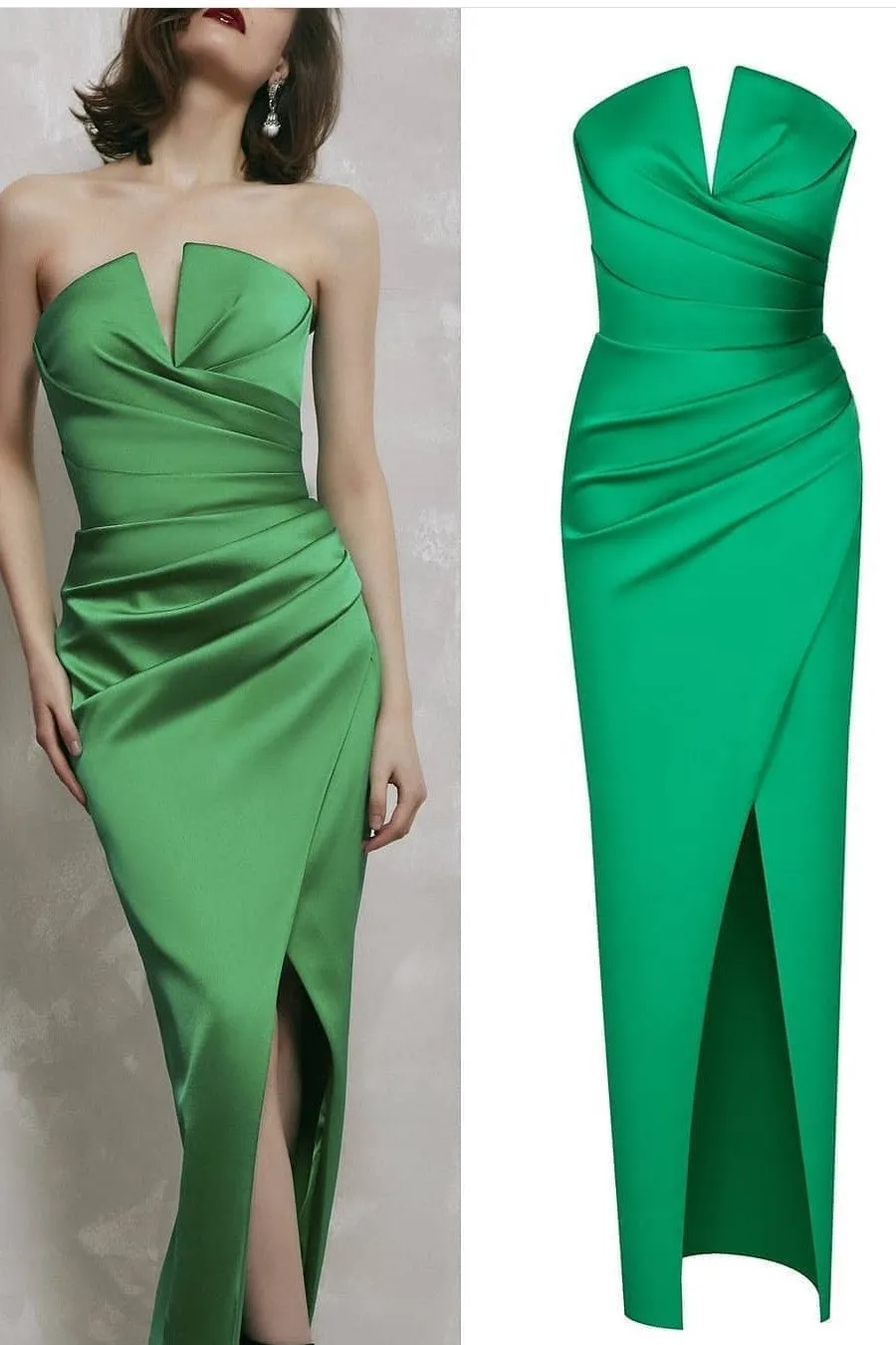 Straight Green Satin Prom Dresses with Side Split