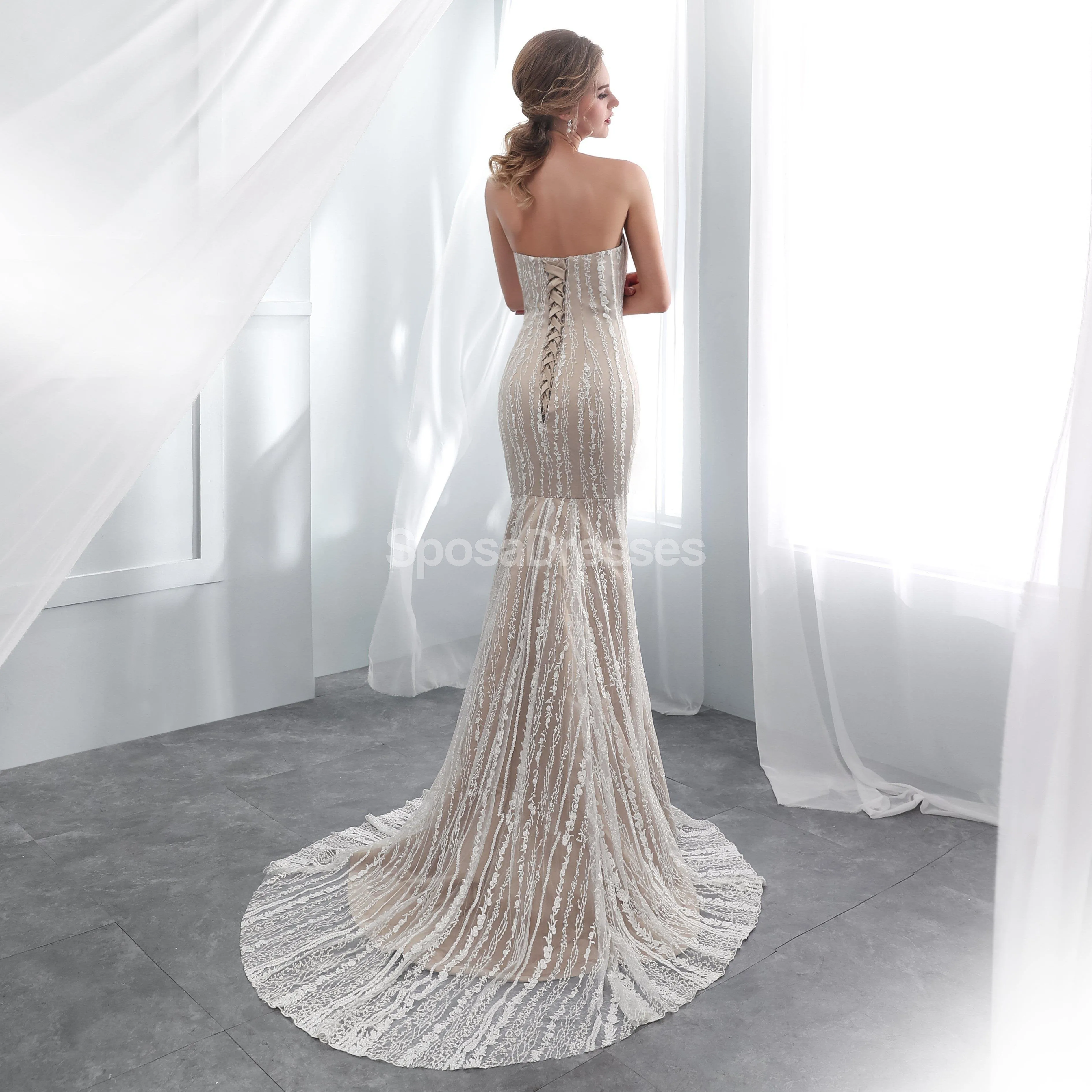 Straight Neckline Lace Mermaid Cheap Wedding Dresses Online, Unique Bridal Dresses, WD572