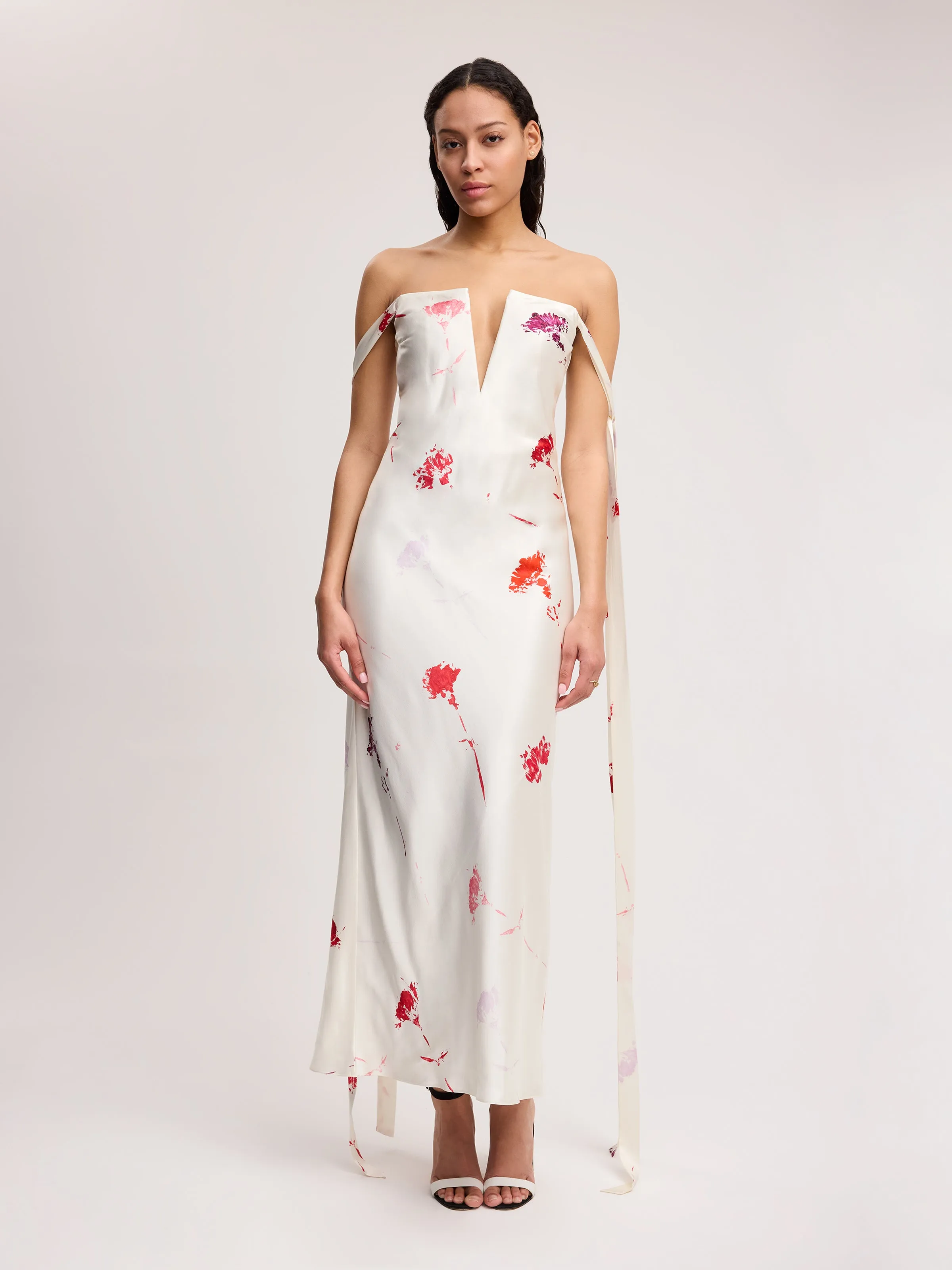 Strapless Bustier Dress with Ties in Red Flower Print