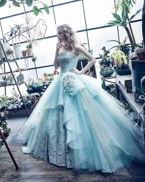 Strapless Ice Blue Quinceanera Dresses Lace Appliques Elegant 2019 Tulle Ball Gown vestidos de quinceañera