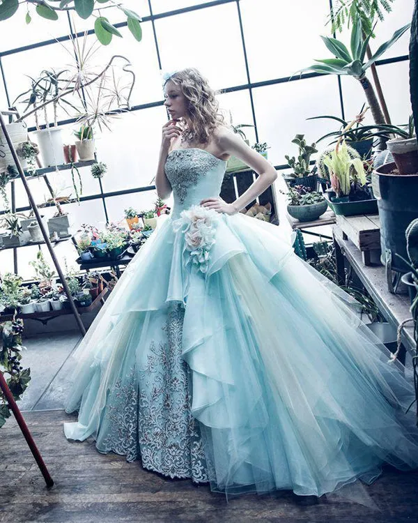 Strapless Ice Blue Quinceanera Dresses Lace Appliques Elegant 2019 Tulle Ball Gown vestidos de quinceañera