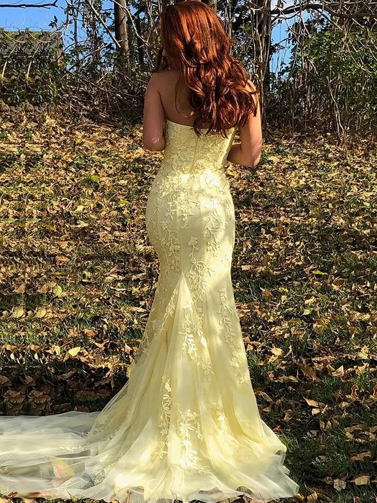 Strapless Mermaid Yellow/Pink Lace Long Prom Dresses, Yellow/Pink Lace Formal Evening Dresses